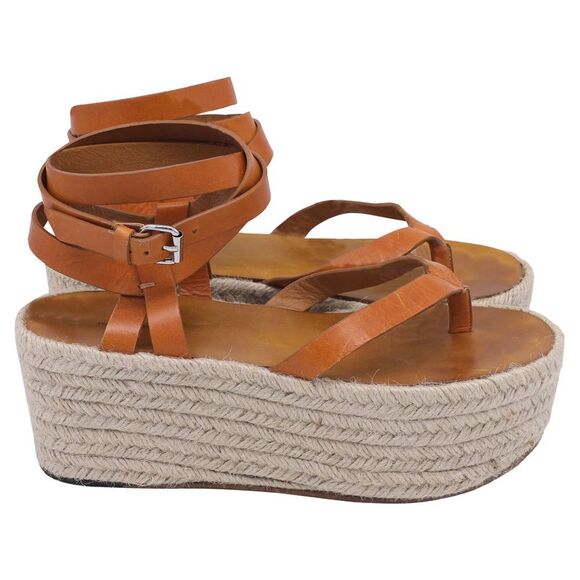 Isabel Marant Shoes - Isabel Marant Thong Ankle Strap Espadrille Wedge Sandals in Brown Leather
